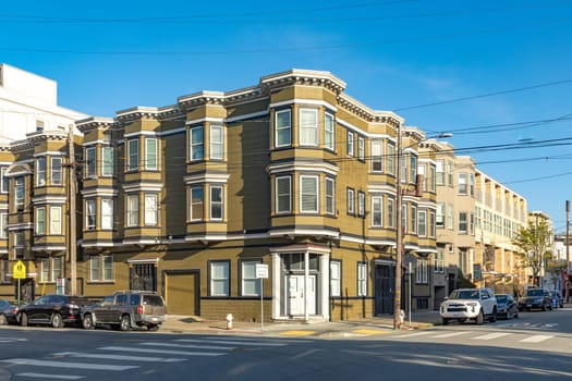 San Francisco, USA - May 18, 2022:  old houses in downtown San Francisco in bright light.
