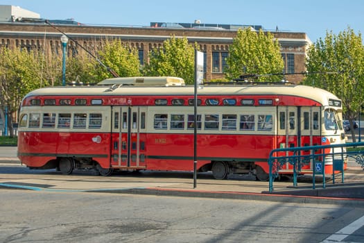 San Francisco, USA - May 18, 2022: streetcar in vintage design operates at the promenade from market street to fisherman's wharf in San Francisco.