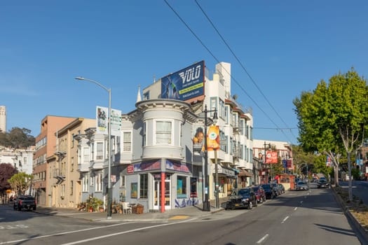 San Francisco, USA - May 18, 2022:  old houses in downtown San Francisco in bright light.