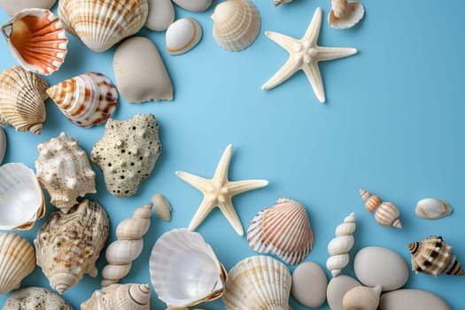 Seashells, pebbles, mockup on blue background. Blank, top view, still life, flat lay. Sea vacation travel concept tourism and resorts. Summer holidays. Neural network generated in January 2024. Not based on any actual scene or pattern.