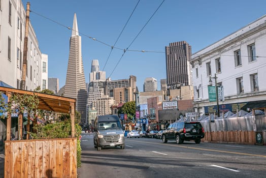 San Francisco, USA - May 18, 2022:   skyline of San Francisco seen from Stockton street.