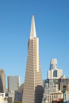 San Francisco, USA - May 18, 2022: Transamerica building in San Francisco under clear blue sky