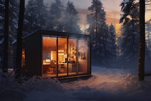 Self-sustainable intelligent house. Autonomous cabin. Futuristic architecture. Nomadic lifestyle. Solar powered building. Modern vacation. Energy efficient house. Remote work. Slow living. Man working remotely. Slow living