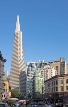 San Francisco, USA - May 18, 2022:  Old copper-green Columbus tower also called sentinel building with the transatlantic pyramid.