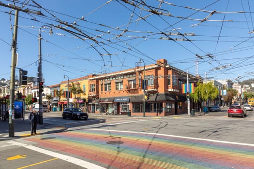 San Francisco, USA - May 18, 2022: street view at Castro street with bus overhead electricity lines in San Francisco, California CA, USA.