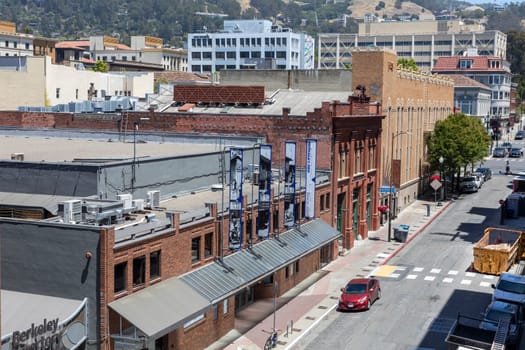 Oakland, USA - May 18, 2022: old red historic brick houses in the old town of Oakland.
