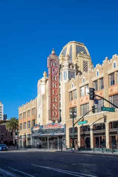 Oakland, USA - May 19, 2022: The morning sun rises on the iconic Fox Oakland Theatre, a concert hall and former movie theater in Downtown Oakland.
