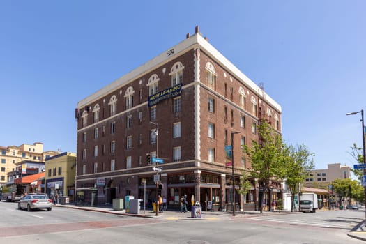 Oakland, USA - May 18, 2022: old victorian brick building  in the old town of Oakland.