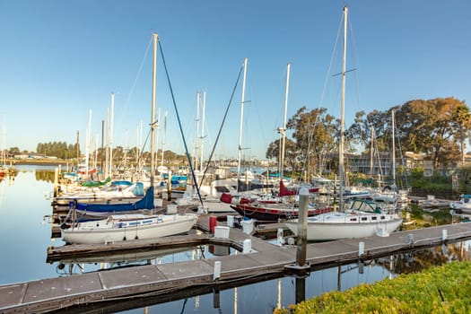 Oakland, USA - May 19, 2022: yachts and private boats anchor at the port of Oakland.