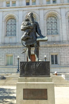 San Francisco, USA - May 19, 2022:  Statue of the Assyrian King Ashurbanipal in San Francisco, California USA.Sculptor Fred Parhad created the statue to celebrate the 210th year of american sovereignity.