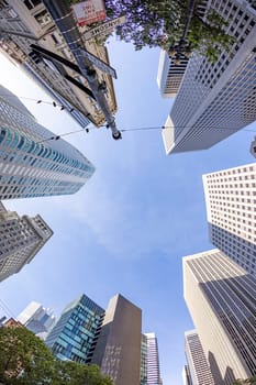 San Francisco, USA - May 20, 2022: perspective of skyscraper in financial district of San Francisco, USA