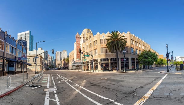 Oakland, USA - May 19, 2022: The morning sun rises on the iconic Fox Oakland Theatre, a concert hall and former movie theater in Downtown Oakland.