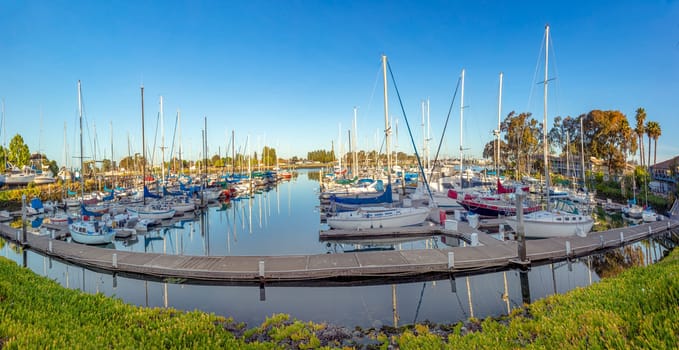 Oakland, USA - May 19, 2022: yachts and private boats anchor at the port of Oakland.