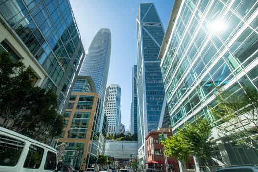 San Francisco, USA - May 19, 2022:  perspective of skyscraper in financial district downtown San Francisco, USA.