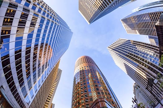 San Francisco, USA - May 20, 2022: perspective of skyscraper in financial district of San Francisco, USA
