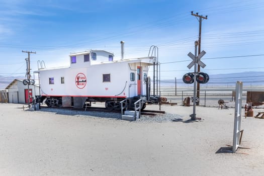 Trona, USA - May 22, 2022: old historic Trona railway wagon in the small museum of Trona.