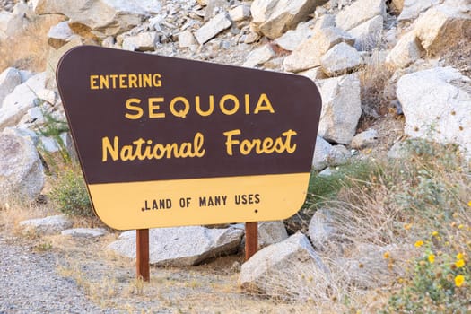 Bakersfield, USA - May 22, 2022: entrance sign Sequoia National forest in Bakersfield, USA.