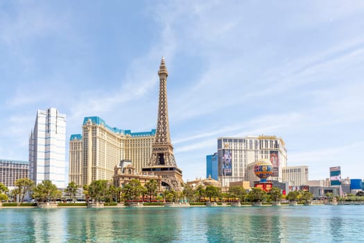 Las Vegas, USA - May 23, 2022: panorama view to the famous hotels and casinos at the strip like Eiffel tower,planet Hollywood, Bellagio, Ballys on daytime.