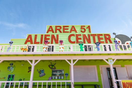 Pahrump, USA - May 23, 2022: Area 51 Alien Center convience store and gas station on highway from Vegas to Death Valley with alien decor.
