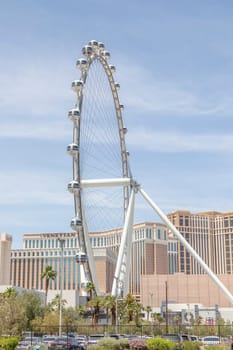Las Vegas, USA - May 23, 2022: view to high roller ferries wheel in Las Vegas. It is the worlds largest observation wheel.