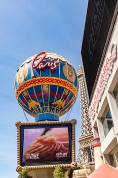 Las Vegas, USA - May 23, 2022: the eiffel tower in Las Vegas at the strip, with replica of the balloon of the brothers Montgolfier at the Paris Paris casino and hotel.