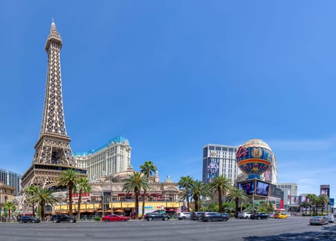 Las Vegas, USA - May 23, 2022: the eiffel tower in Las Vegas at the strip, with replica of the balloon of the brothers Montgolfier at the Paris Paris casino and hotel.