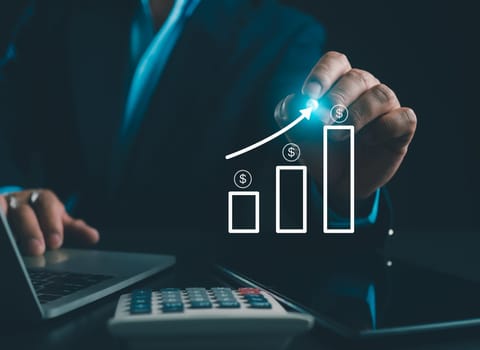 Stock market, Business growth, progress or success concept. Businessman or trader is showing a growing virtual hologram stock, invest in trading.