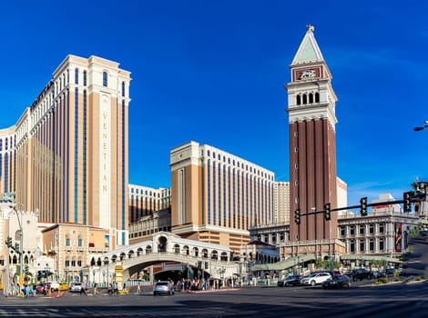 Las Vegas, USA - May 23, 2022: view to hotel and casino Venetian with italian landmarks in front.