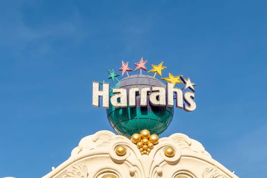 Las Vegas, USA - May 23, 2022: Harrah's hotel and casino resort sign as seen from Las Vegas Strip.