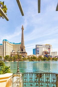 Las Vegas, USA - May 23, 2022: panorama view to the famous hotels and casinos at the strip like Eiffel tower,planet Hollywood, Bellagio, Ballys on daytime.