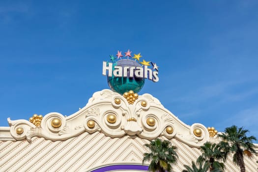 Las Vegas, USA - May 23, 2022: Harrah's hotel and casino resort sign as seen from Las Vegas Strip.