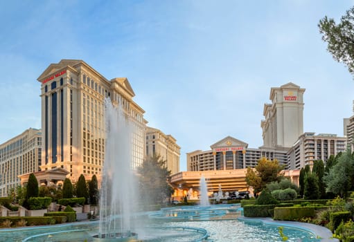 Las Vegas, USA - May 23, 2022:  view in dawn to the water fountains show at the Bellagio in Las Vegas, USA.