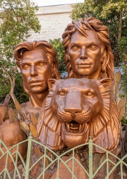 Las Vegas, USA - May 23, 2022: the Siegfried and Roy statue at the The Mirage Casino, Las Vegas Strip, Nevada.