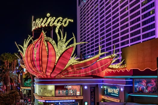 Las Vegas, USA - May 23, 2022: the famous Flamingo Hotel at night in LAS VEGAS, USA. Bugsy Siegel opened the Flamingo in 1946 as the third casino in Las Vegas.