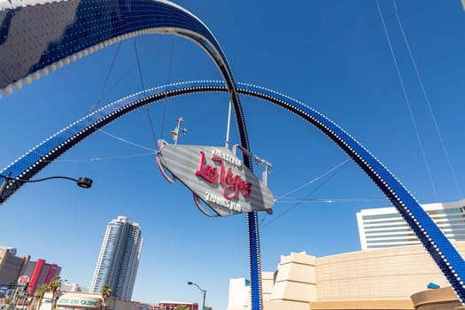 Las Vegas, USA - May 23, 2022:  arches that are 80-feet-tall now form a gateway to downtown Las Vegas. They are located on Las Vegas Boulevard between St. Louis and Bob Stupak avenues at the base of The STRAT Hotel, Casino and SkyPod.