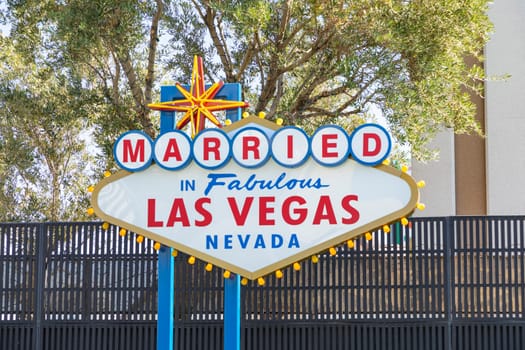 Las Vegas, USA - May 24, 2022:   welcome sign fabulous Las Vegas with additional message Married downtown Las Vegas.