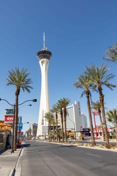 Las Vegas, USA - May 24, 2022: view to Stratosphere tower and hotel in Las Vegas.
