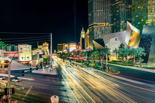 Las Vegas, USA - May 23, 2022:  night view of the Strip in Las Vegas. Las Vegas casinos are open 24 hour 7 days.