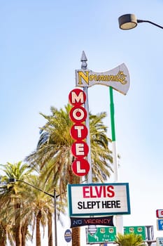 Las Vegas, USA - May 24, 2022: old Motel Normandic sign with Info Elvis slept here near Fremont street.