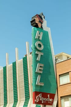 Las Vegas, USA - May 24, 2022: neon sign at hotel Apache in the old original part of Las Vegas. The hotel was established in 1932.