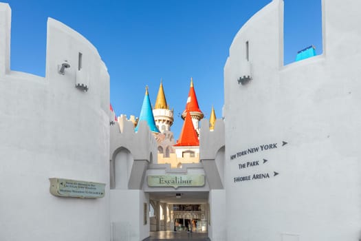 Las Vegas, USA - May 25, 2022: entrance of Excalibur Hotel and Casino in Las Vegas, Nevada. Its owner - MGM Resorts reported strong net revenue gain of 43 percent to  USD 2.23 billion in third quarter 2011.