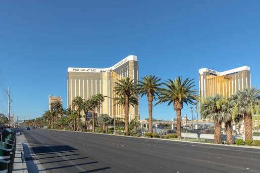Las Vegas, USA - May 25, 2022: view to Mandalay and Delano casino and hotel at the end of the Las Vegas Strip in Paradise, Nevada, USA.