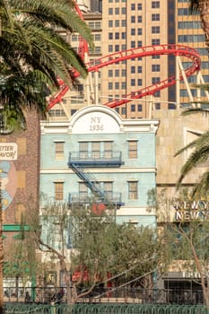 Las Vegas, USA - May 25, 2022: roller coaster at New York-New York Hotel and Casino land irish pub ocated on Las Vegas Boulevard South, in Paradise, Nevada.