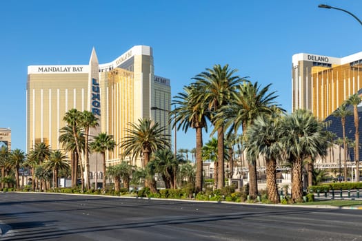 Las Vegas, USA - May 25, 2022: view of the famous strip road and Mandalay Bay and Dolano Hotel in Las Vegas, USA.