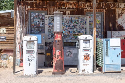 Hackberry, USA - May 25, 2022:  petrol station at Hackberry General Store  in Hackberry , Arizona, USA. Hackberry General Store is a popular museum of old Route 66.