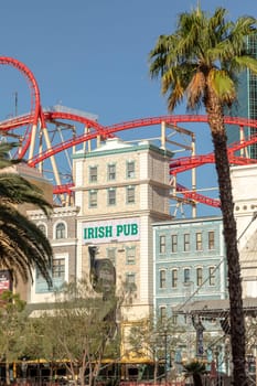 Las Vegas, USA - May 25, 2022: roller coaster at New York-New York Hotel and Casino land irish pub ocated on Las Vegas Boulevard South, in Paradise, Nevada.