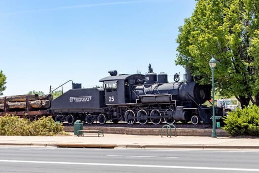 Flagstaff, USA - May 26, 2022: old steam locomotive in Flagstaff. Crafted in 1911, this  locomotive spent its entire working life in Flagstaff.