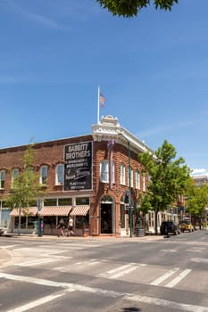 Flagstaff, USA - May 26, 2022: old historic brick building downtown Flagstaff.