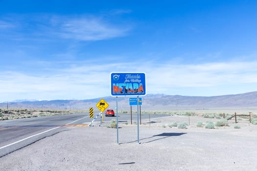 Tonopah, USA - June 3, 2022: thanks for visiting Nevada sign in the desert to the border of California, USA.