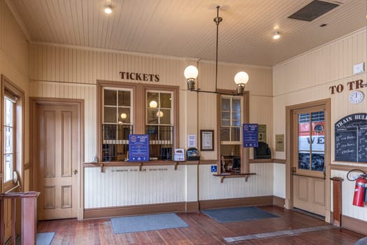 Sacramento, USA - June 4, 2022: Historic train station at the California State Railroad Museum.